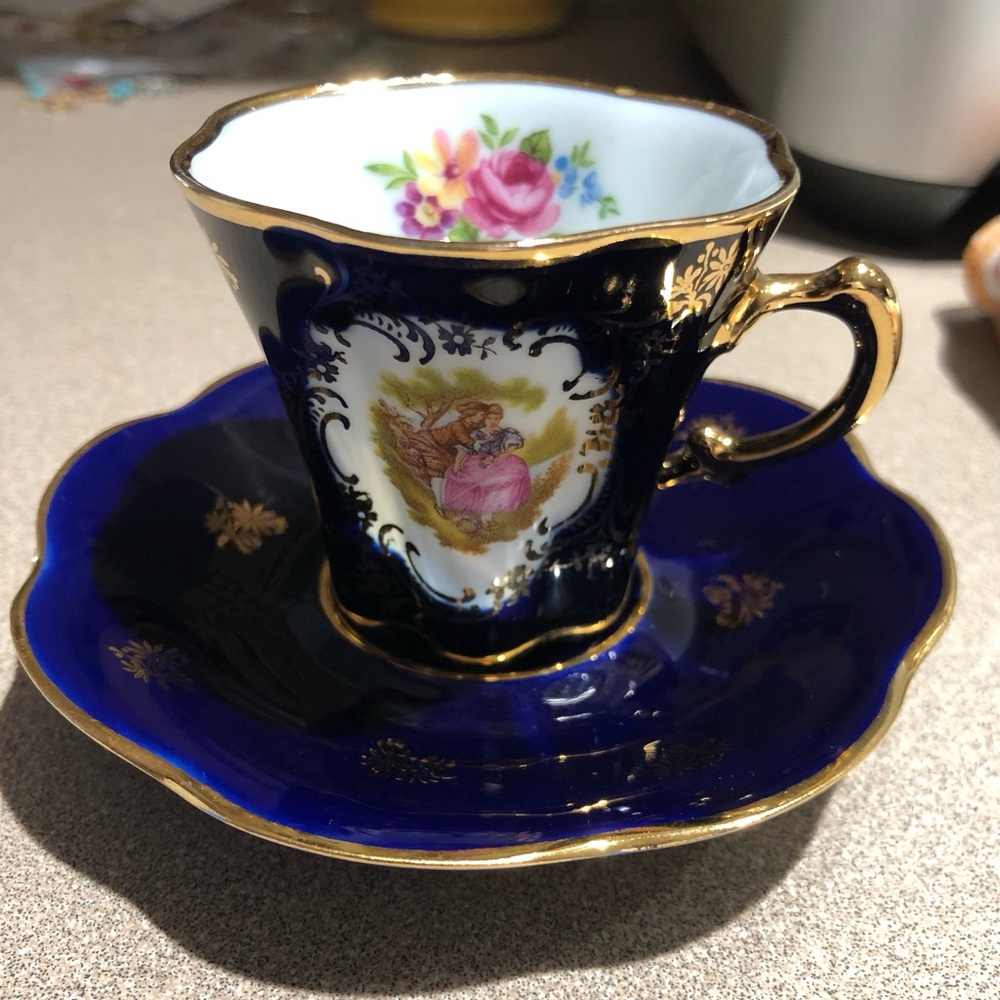 Limoges Elegant Blue and Gold Porcelain Espresso Cup and Saucer